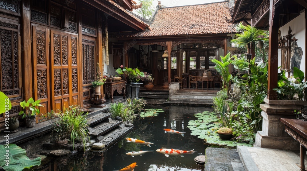 Obraz premium a wooden house with a beautiful fish pond