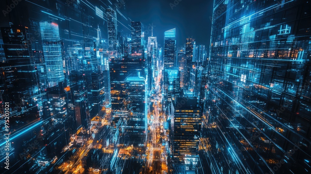 Fototapeta premium High-tech futuristic cityscape with illuminated skyscrapers 