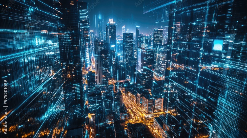 High-tech futuristic cityscape with illuminated skyscrapers High-tech futuristic cityscape with illuminated skyscrapers