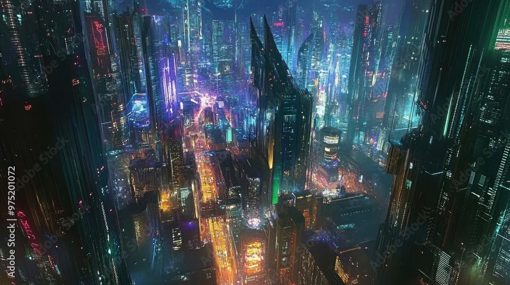 High-tech futuristic cityscape with illuminated skyscrapers High-tech futuristic cityscape with illuminated skyscrapers