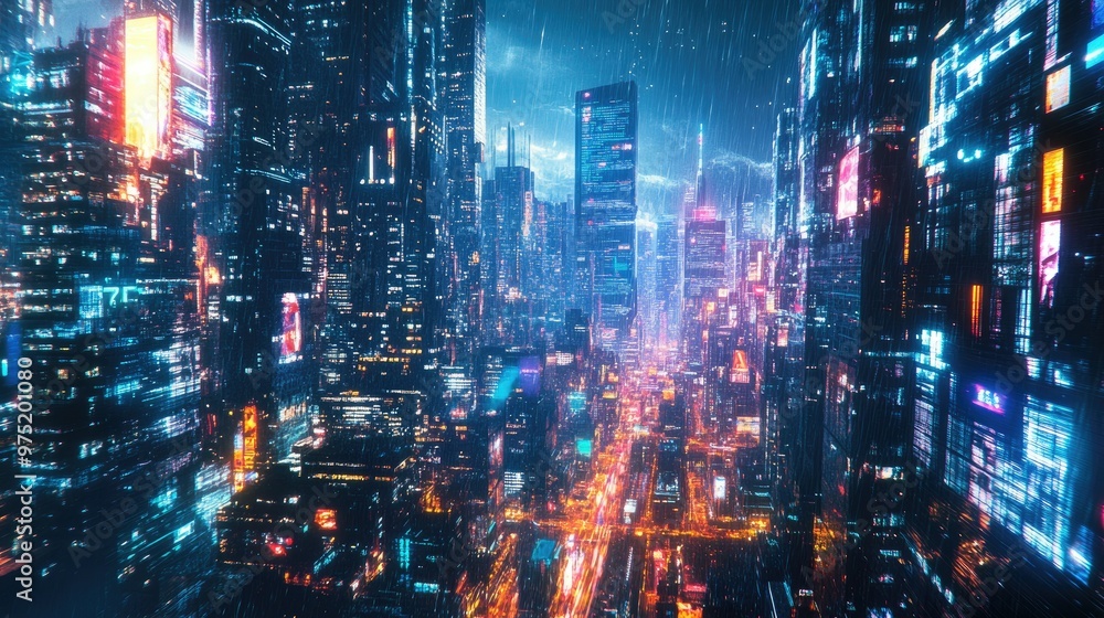 High-tech futuristic cityscape with illuminated skyscrapers High-tech futuristic cityscape with illuminated skyscrapers