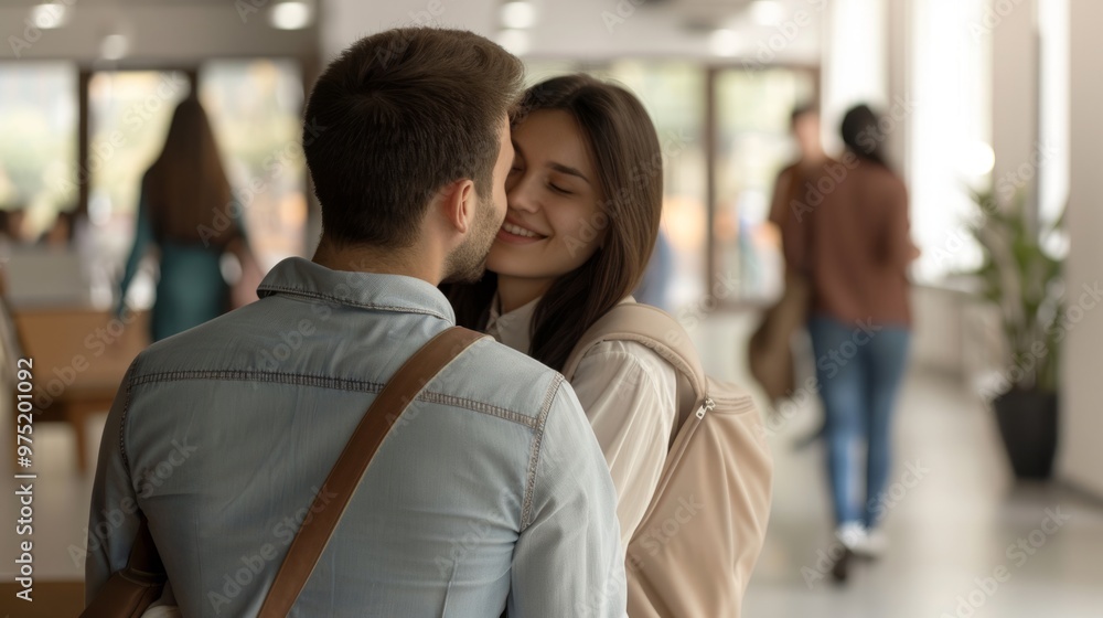 A couple in a modern office setting, discreetly exchanging smiles during a break, with blurred coworkers in the background. The scene captures the subtle connection and chemistry between them, emphasi A couple in a modern office setting, discreetly exchanging smiles during a break, with blurred coworkers in the background. The scene captures the subtle connection and chemistry between them, emphasi
