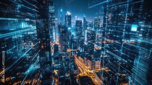 Wallpaper Mural High-tech  futuristic cityscape with illuminated skyscrapers  Torontodigital.ca