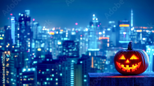 Glowing jack-o'-lantern with a cheerful face sits on a ledge overlooking a vibrant city skyline at night, creating a festive Halloween contrast with urban lights.