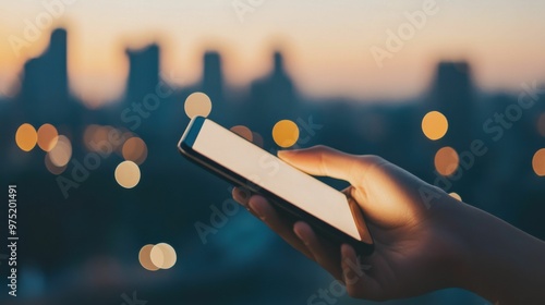 A hand holding a smartphone with a bright screen against a blurred city skyline at dusk with bokeh lights in the background..