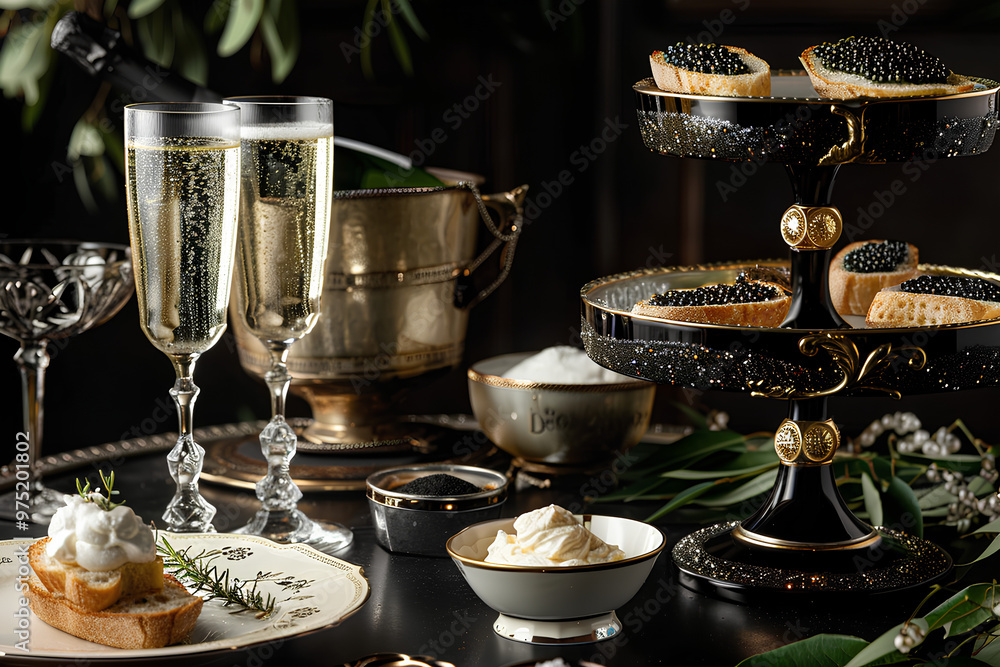black caviar in a golden bowl on a white plate, a crudites dish with butter and herbs, a silver tray with glasses of champagne, a salt shaker, a vintage napkin for luxury dinner black caviar in a golden bowl on a white plate, a crudites dish with butter and herbs, a silver tray with glasses of champagne, a salt shaker, a vintage napkin for luxury dinner