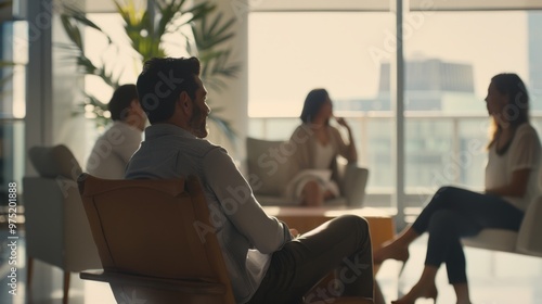 A couple in a modern office setting, discreetly exchanging smiles during a br...
