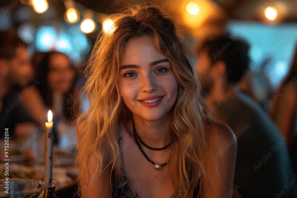 Smiling young woman at an evening outdoor party with candlelight and friends Smiling young woman at an evening outdoor party with candlelight and friends