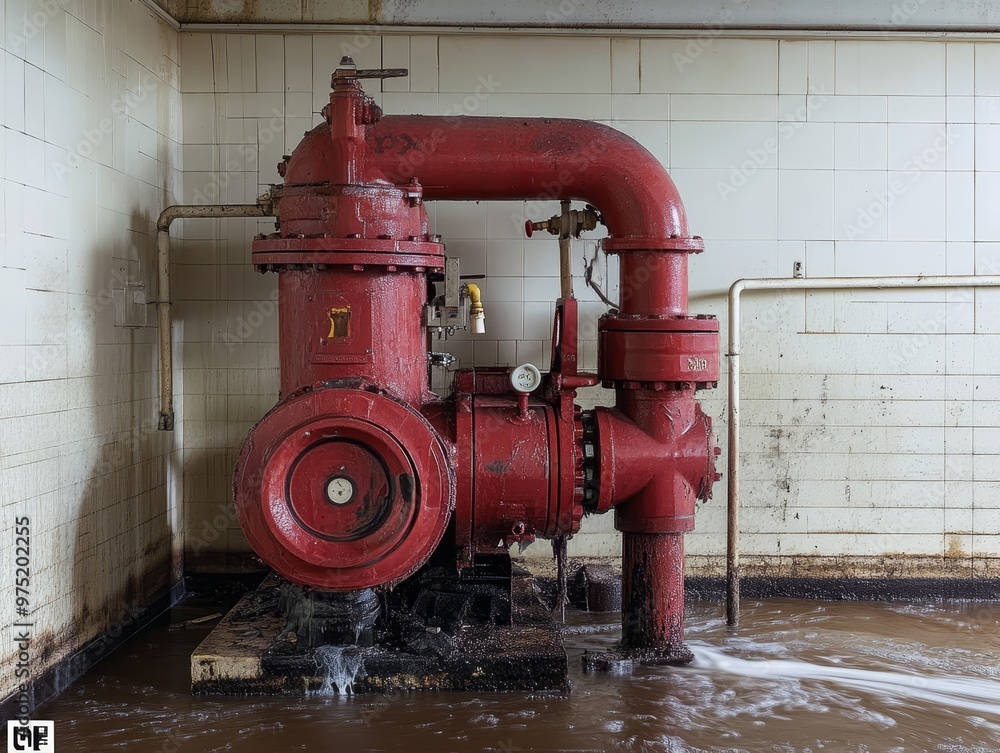 Aftermath of Industrial Fire Pump Accident: Burst Pipes and Flooding Showcase Damaged Equipment Under Soft Lighting Aftermath of Industrial Fire Pump Accident: Burst Pipes and Flooding Showcase Damaged Equipment Under Soft Lighting