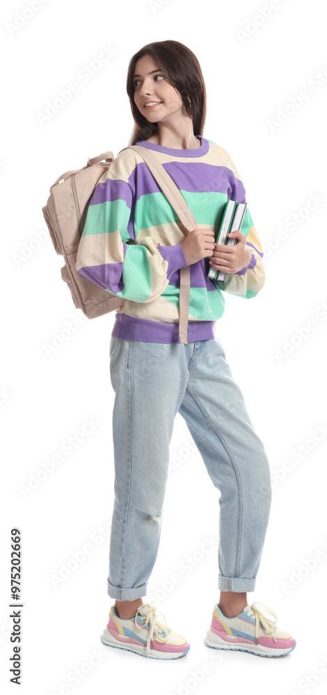 Smiling teenage girl with backpack and books on white background Smiling teenage girl with backpack and books on white background
