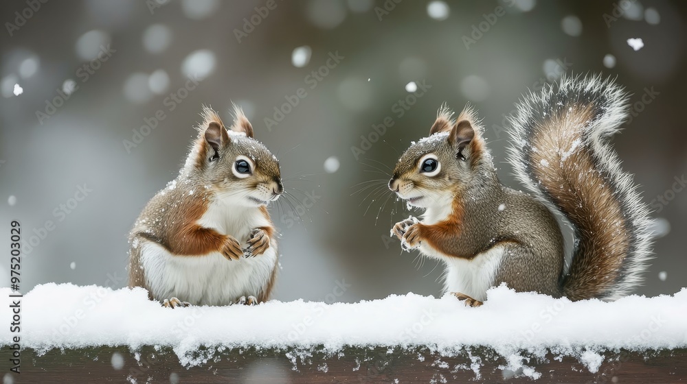 Two playful squirrels frolicking in a snowy winter landscape, enjoying the cold season s beauty. Two playful squirrels frolicking in a snowy winter landscape, enjoying the cold season s beauty.