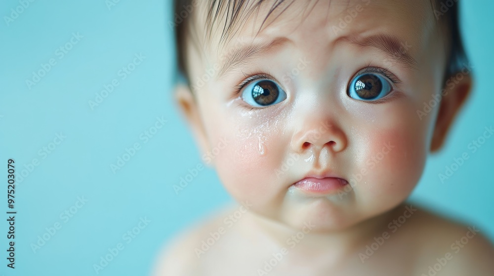 Sad baby with tear on turquoise background, close-up portrait. Childhood emotion and innocence concept Sad baby with tear on turquoise background, close-up portrait. Childhood emotion and innocence concept