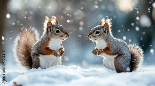 Two playful squirrels frolicking joyfully in a snowy winter wonderland, creating delightful scenes. photo