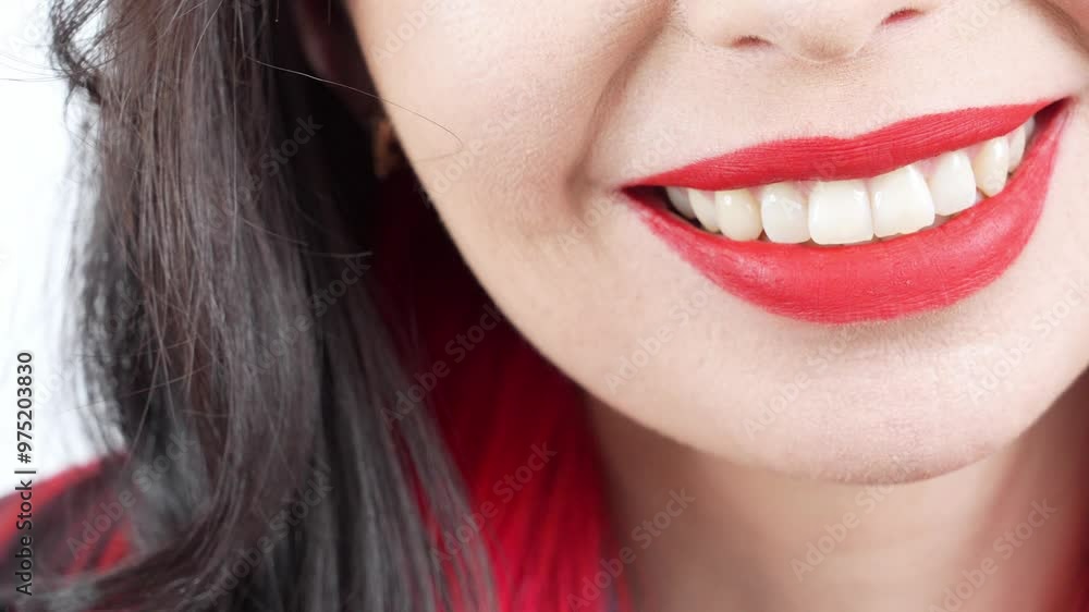 Happy smile, Lips with red lipstick close-up. Caucasian girl with red lips smiling wide showing white teeth. Anonymous lady studio still shot slow motion. Happy smile, Lips with red lipstick close-up. Caucasian girl with red lips smiling wide showing white teeth. Anonymous lady studio still shot slow motion.