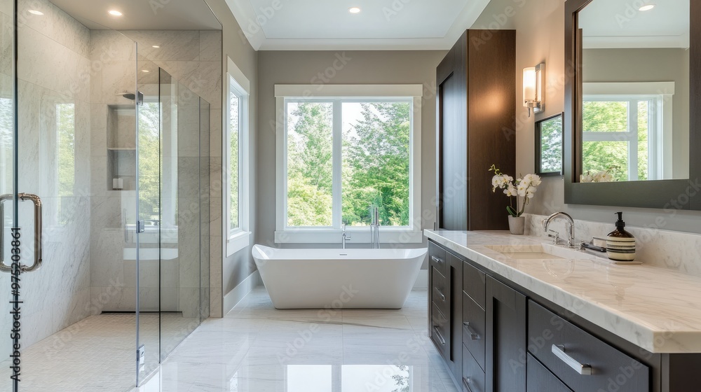 Modern bathroom with a freestanding tub marble countertops Modern bathroom with a freestanding tub marble countertops