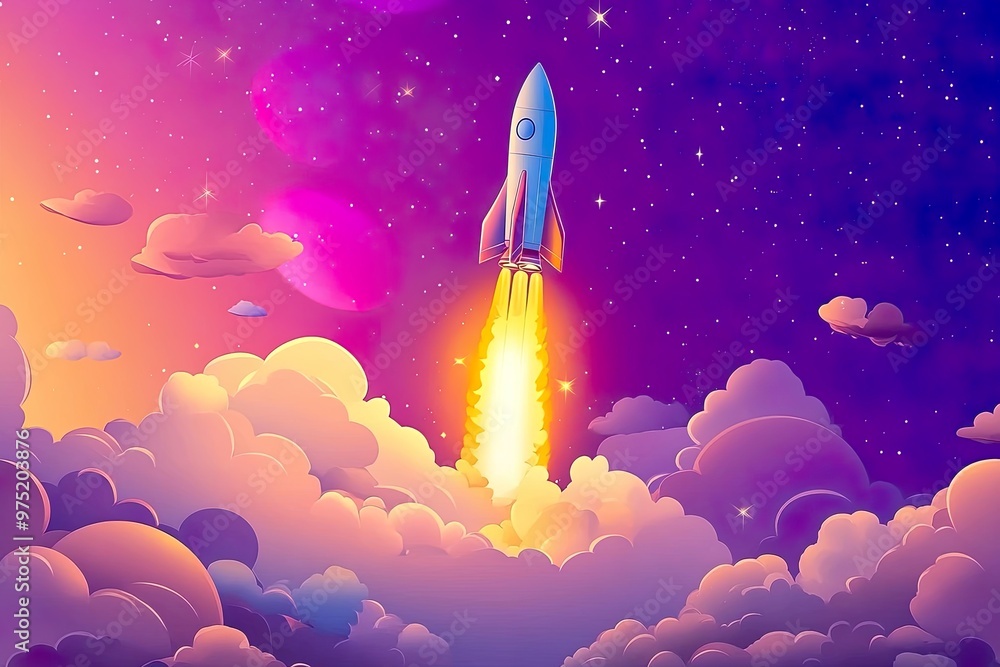 Fototapeta premium Rocket launching into a vibrant cosmic sky.
