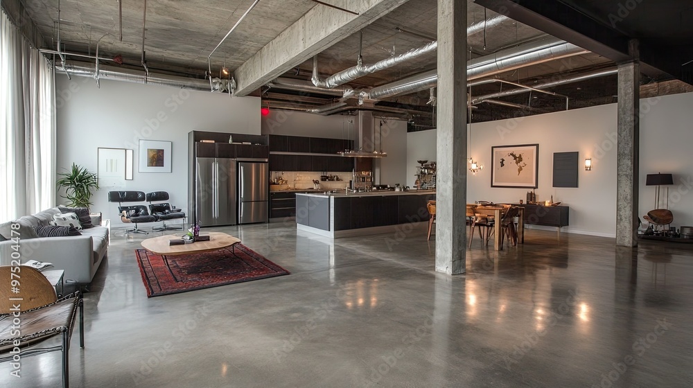 Modern industrial loft with concrete floors, exposed pipes, and contemporary furnishings Modern industrial loft with concrete floors, exposed pipes, and contemporary furnishings