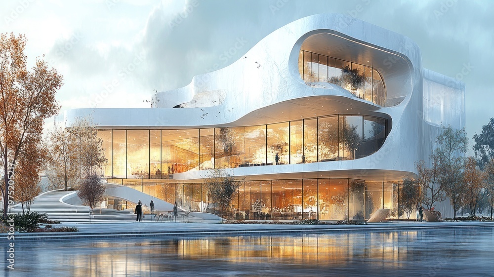 Modern architectural design with flowing shapes and large windows. Modern architectural design with flowing shapes and large windows.