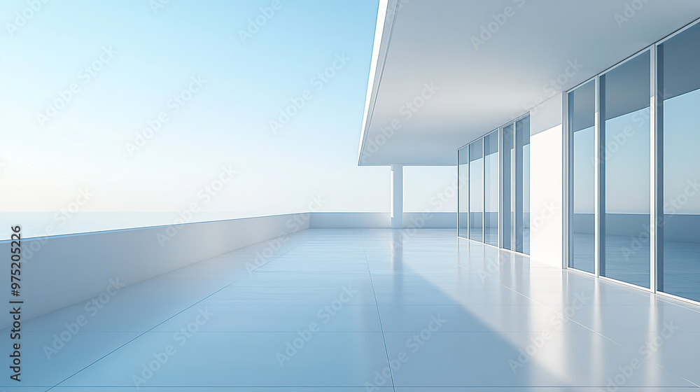 Obraz premium Minimalist white empty rooftop with floor, clear sky, panoramic view