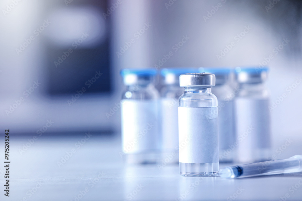 Medication in vials and syringe on white table, space for text Medication in vials and syringe on white table, space for text