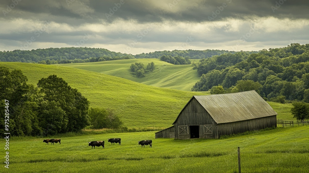 Peaceful rural scene with a classic barn, grazing cows, and rolling green hills Peaceful rural scene with a classic barn, grazing cows, and rolling green hills
