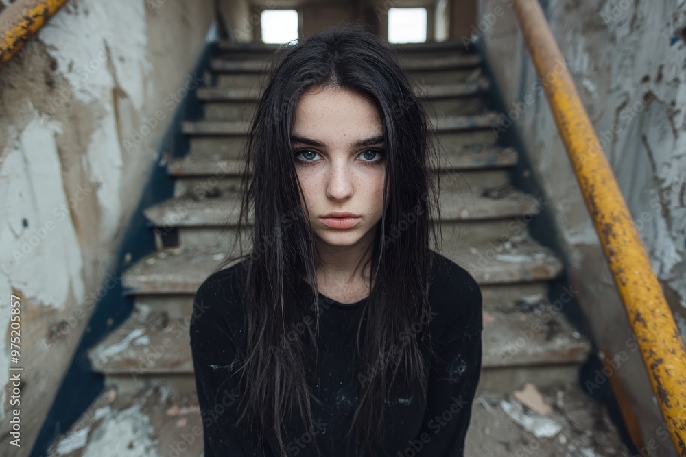 Brooding young woman on dilapidated stairs Brooding young woman on dilapidated stairs