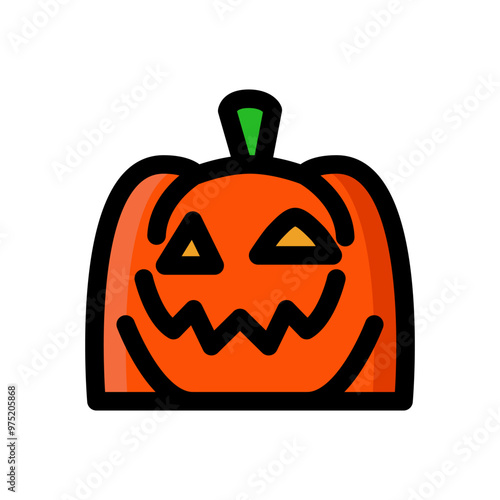 Vector simple scary spooky smiling Halloween pumpkin isolated. Jack o Lantern. Black contour for coloring in doodle style, color flat drawing. Traditional decoration symbol of holiday