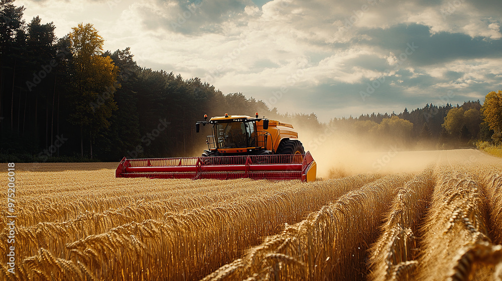 Fototapeta premium a red and yellow harvester working in a wheat field