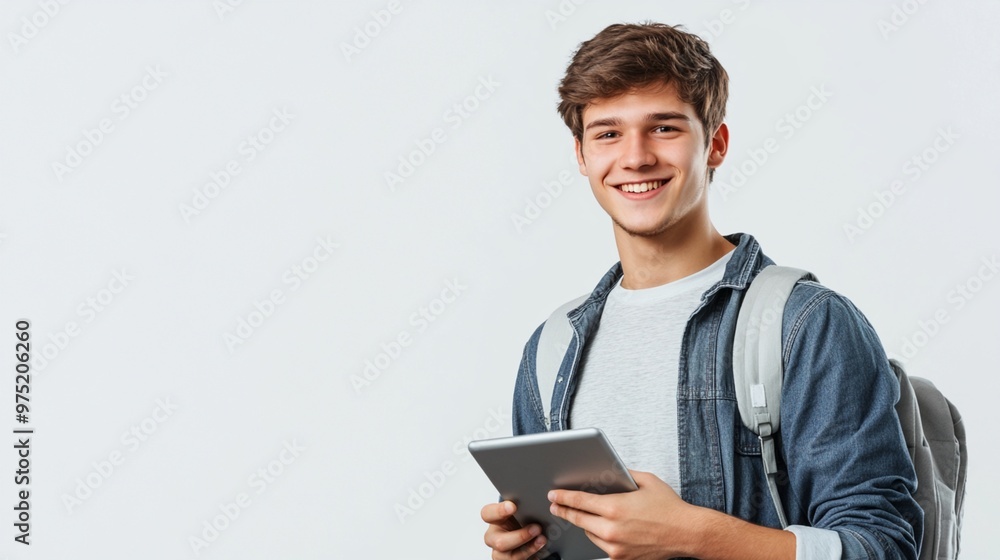 Confident young student with backpack smiles while holding tablet, embodying modern education and technology integration in campus life. Confident young student with backpack smiles while holding tablet, embodying modern education and technology integration in campus life.