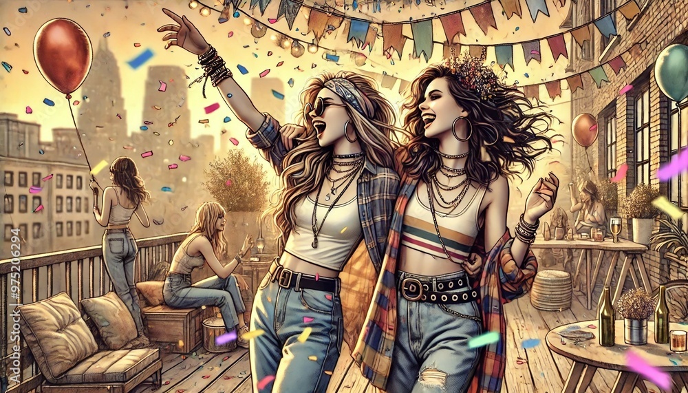 Fototapeta premium Hipster Girlfriends Celebrating with Confetti