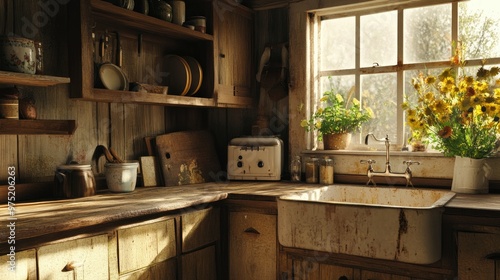 Rustic farmhouse kitchen with wooden cabinets a farmhouse sink and vintage decor 