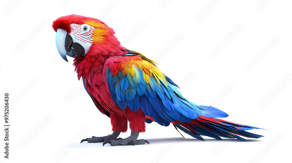 Obraz premium A colorful parrot stands on a white background. The bird is red, yellow, and blue, and it looks like it's looking at the camera. The image has a bright and cheerful mood