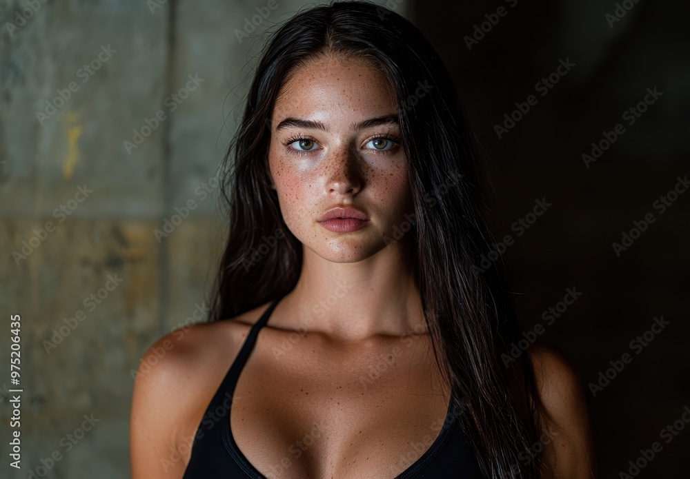 Thoughtful young woman with dark hair and freckles Thoughtful young woman with dark hair and freckles