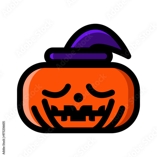 Vector simple sleeping Halloween pumpkin isolated. Jack o Lantern. Black contour for coloring in doodle style, color flat drawing. Traditional decoration symbol of holiday