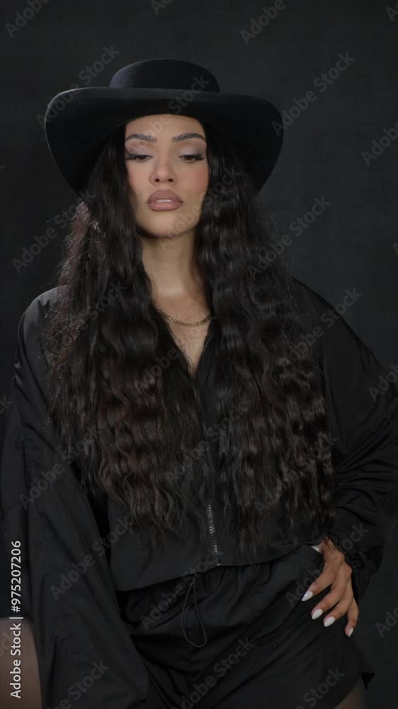 A confident woman showcases her fashion in a black dress and hat A confident woman showcases her fashion in a black dress and hat