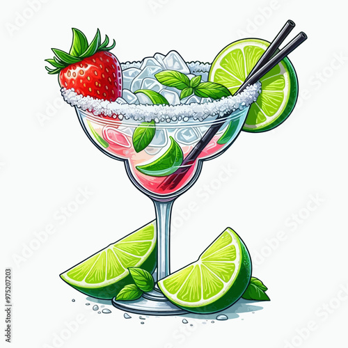 A glass of margarita with a strawberry and lime garnish