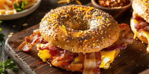 Bird's-eye view of a homemade breakfast sandwich featuring bacon, egg, and cheese on a wooden board.
