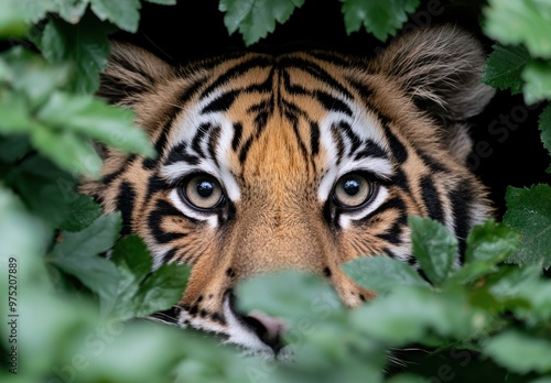 Captivating tiger eyes peering through lush foliage