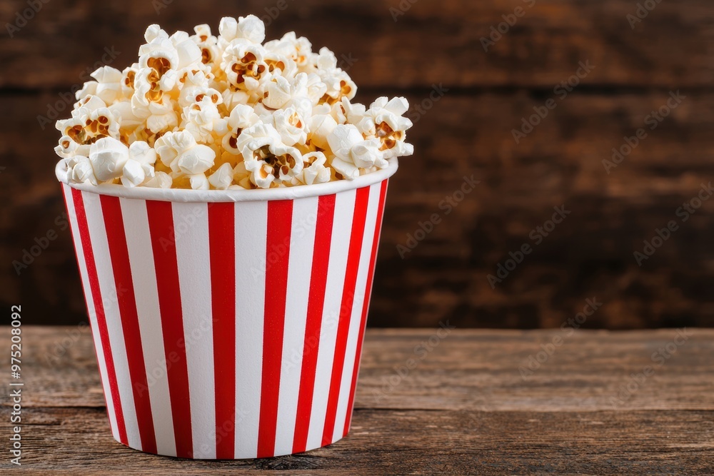 Delicious popcorn in a striped container Delicious popcorn in a striped container