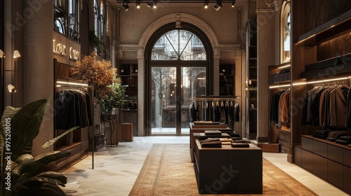 Stylish boutique store with modern clothing displays elegant lighting and a chic atmosphere 