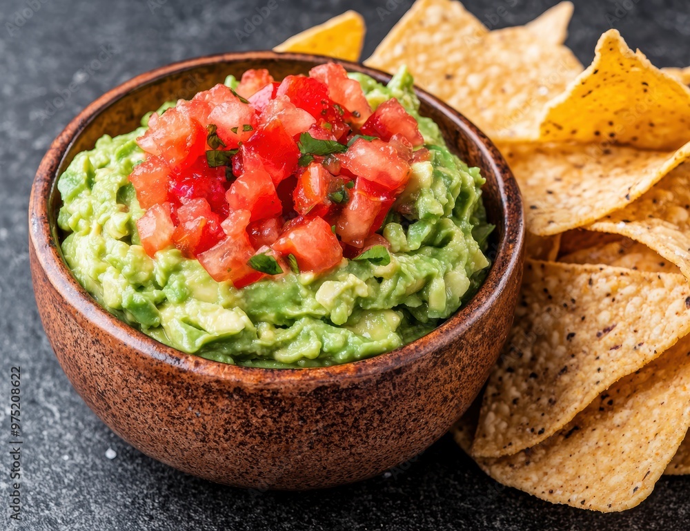 Homemade guacamole with fresh tomatoes and tortilla chips Homemade guacamole with fresh tomatoes and tortilla chips