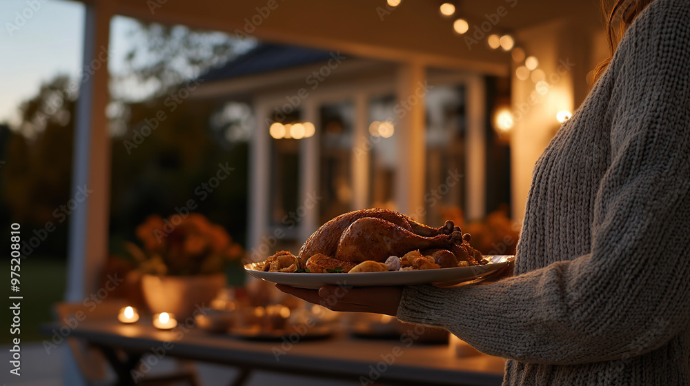 Woman hands holding plate with roasted turkey with vegetables against background of festive table with pumpkins and candles on Thanksgiving Day. Woman hands holding plate with roasted turkey with vegetables against background of festive table with pumpkins and candles on Thanksgiving Day.