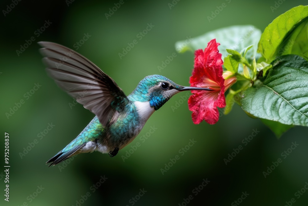 Hummingbird feeding on vibrant red hibiscus flower Hummingbird feeding on vibrant red hibiscus flower