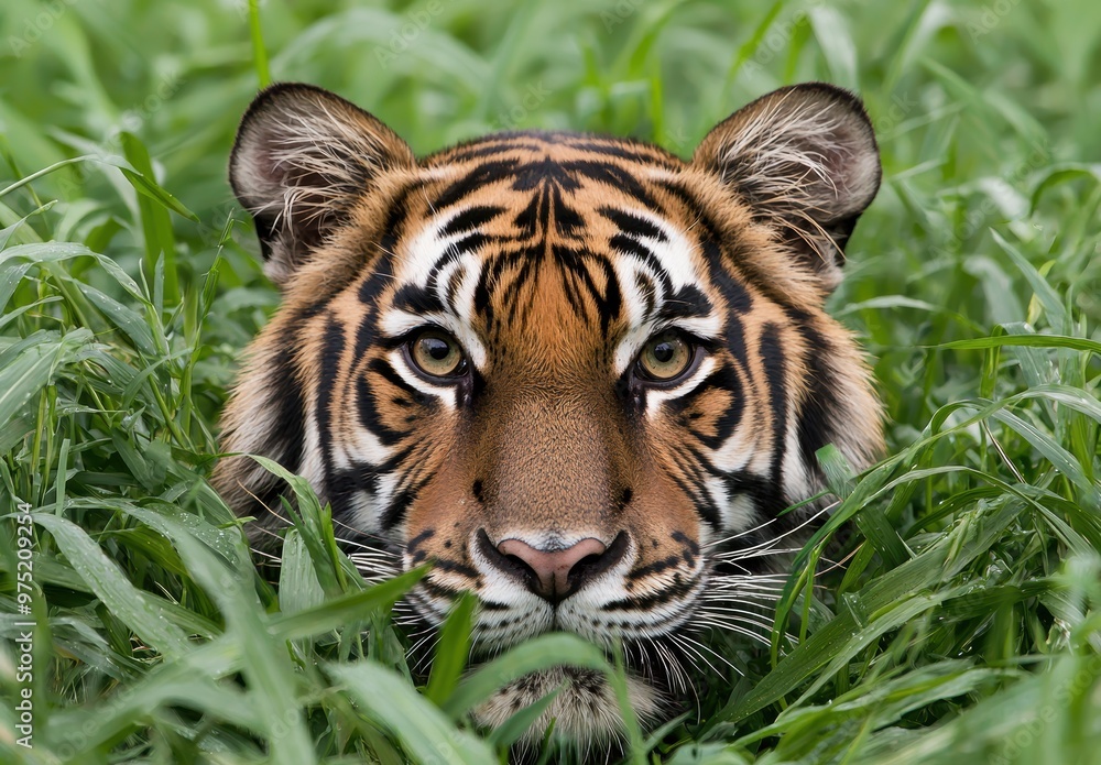 close-up of a tiger in tall grass close-up of a tiger in tall grass