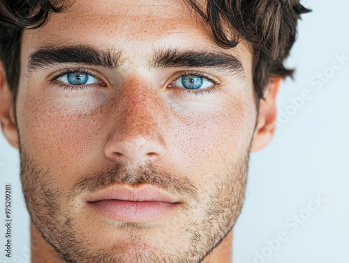 close-up portrait of a man with striking blue eyes