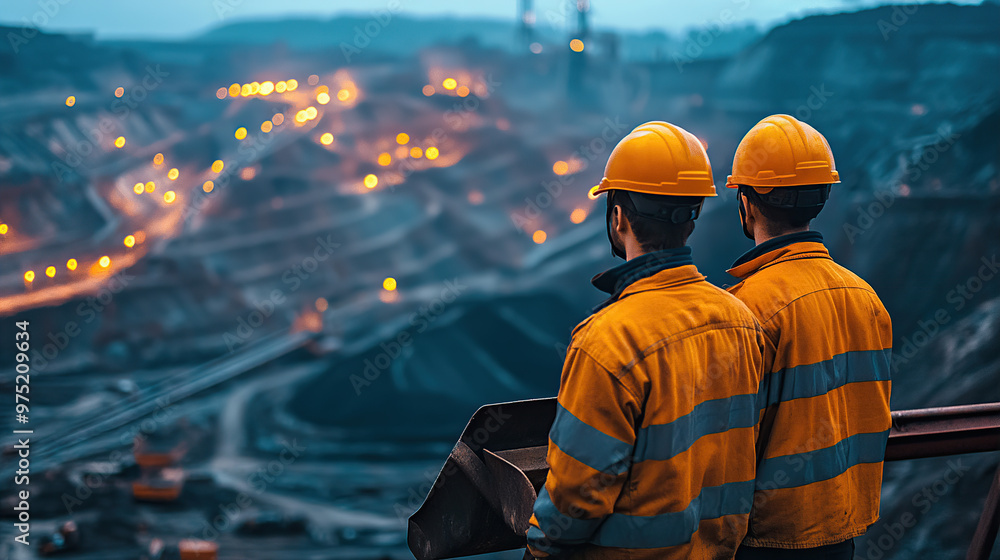 Two workers wearing safety helmets are looking at the coal mining factory landscape with an open pit and shovels from the back Two workers wearing safety helmets are looking at the coal mining factory landscape with an open pit and shovels from the back