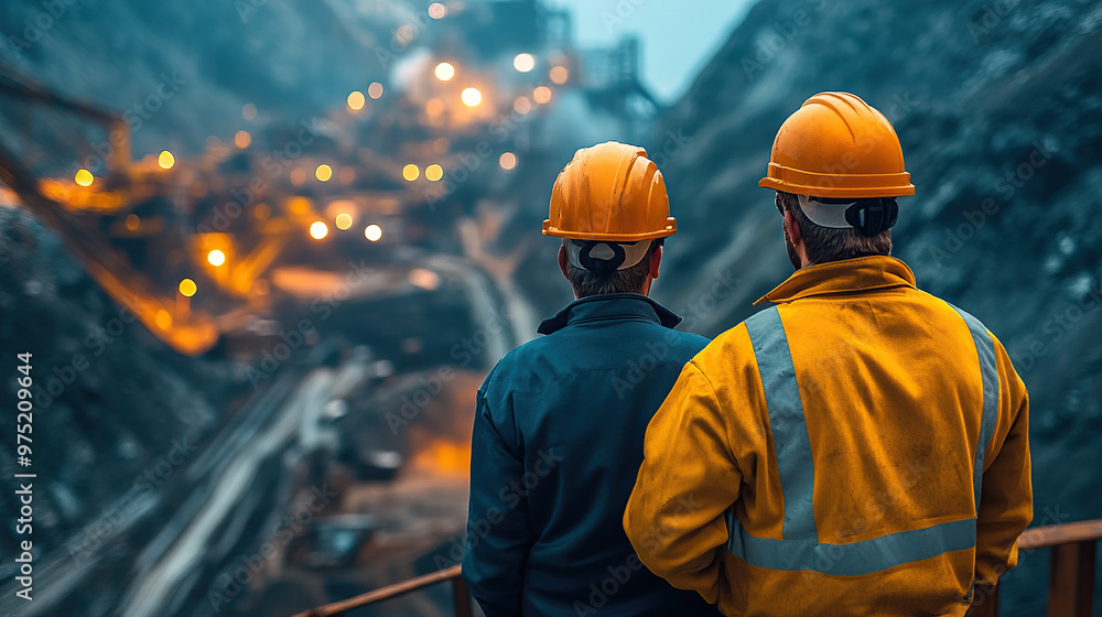 Two workers wearing safety helmets are looking at the coal mining factory landscape with an open pit and shovels from the back Two workers wearing safety helmets are looking at the coal mining factory landscape with an open pit and shovels from the back