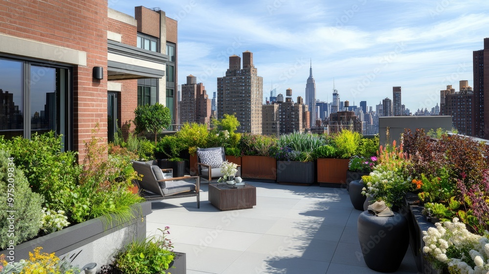 Urban rooftop garden with potted plants, modern furniture, and a panoramic city view Urban rooftop garden with potted plants, modern furniture, and a panoramic city view