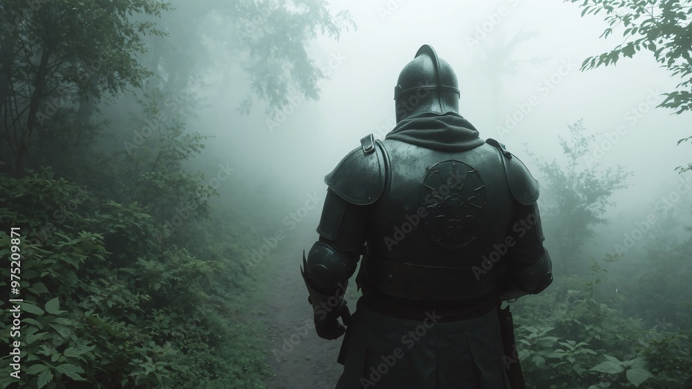 adventurer man at misty morning in the forest adventurer man at misty morning in the forest
