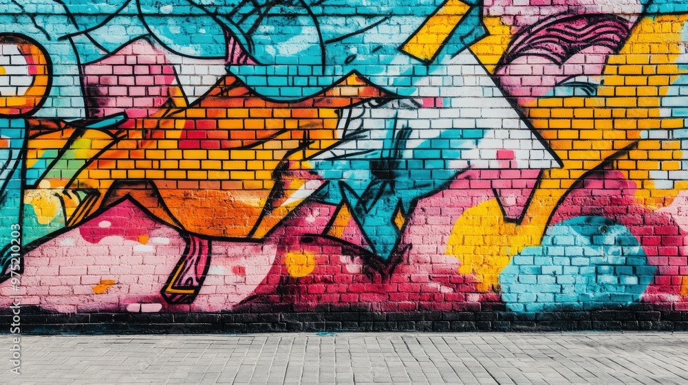 Vibrant street art mural on a brick wall with bold colors and creative designs Vibrant street art mural on a brick wall with bold colors and creative designs